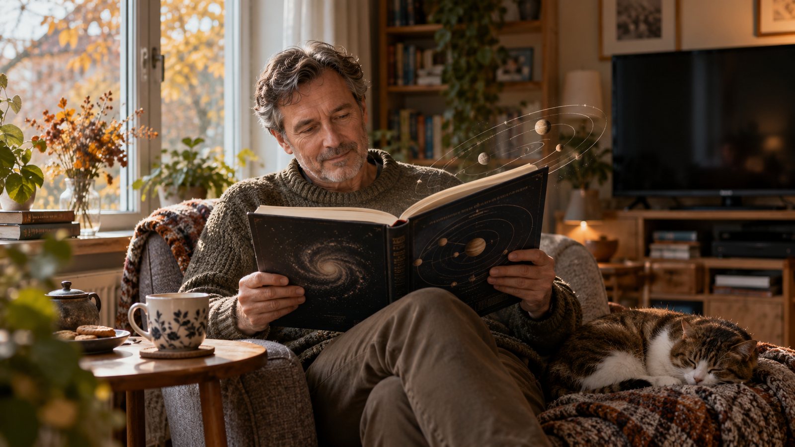 Мужчина читает книгу о космосе у окна, рядом чашка чая, на заднем плане выключенный телевизор.