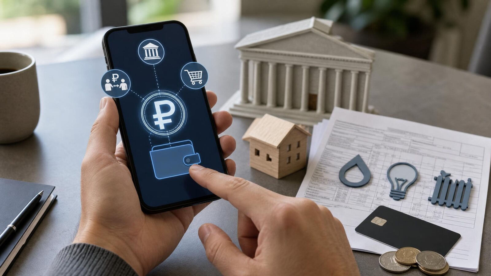 Рука держит смартфон с приложением цифрового рубля на экране, на столе фигурки дома и банка и счета с иконками коммунальных услуг