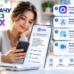 Рекламный постер: женщина с телефоном и экран приложения MAX с меню бота, крупный заголовок 'К ВРАЧУ ЧЕРЕЗ MAX', инструкции по записи и логотип Кинешемская ЦРБ.