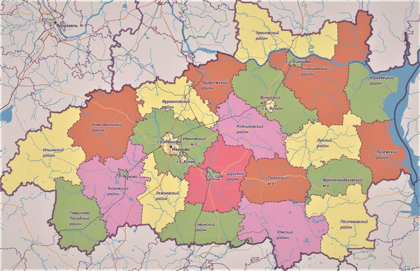 Карта Ивановской области с границами и подписями районов