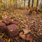 На переднем плане несколько мясных брикетов-приманок на лесной подстилке, на заднем плане видна лиса; осенняя листва.
