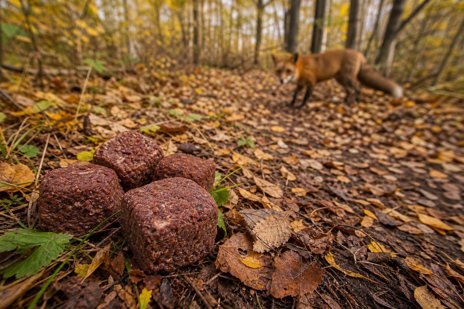 На переднем плане несколько мясных брикетов-приманок на лесной подстилке, на заднем плане видна лиса; осенняя листва.