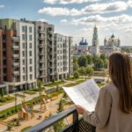 Пара смотрит на жилые дома и территорию нового жилого комплекса в Сергиевом Посаде с балкона