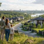 Семья смотрит на коттеджный посёлок возле леса и реки в Екатеринбурге