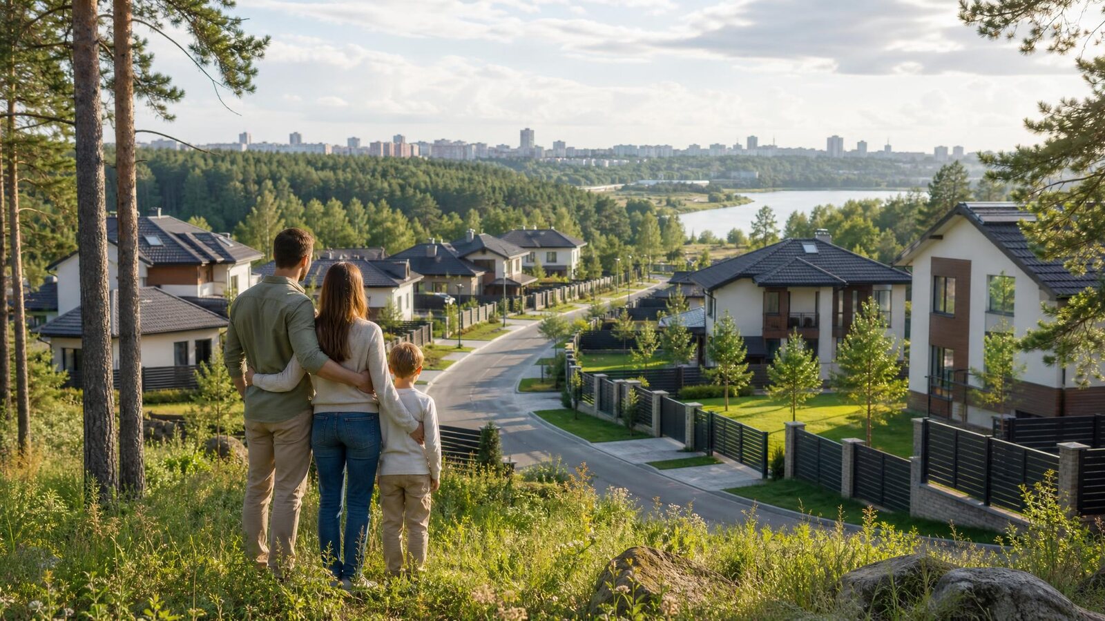 Семья смотрит на коттеджный посёлок возле леса и реки в Екатеринбурге