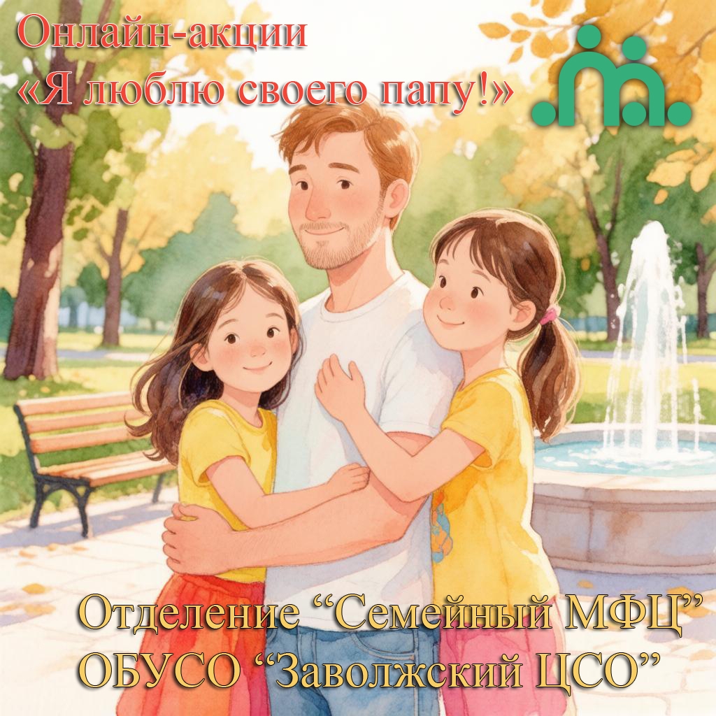 Графическая иллюстрация: отец обнимает двух детей на фоне парка и фонтана; сверху заголовок акции, внизу подпись отделения.